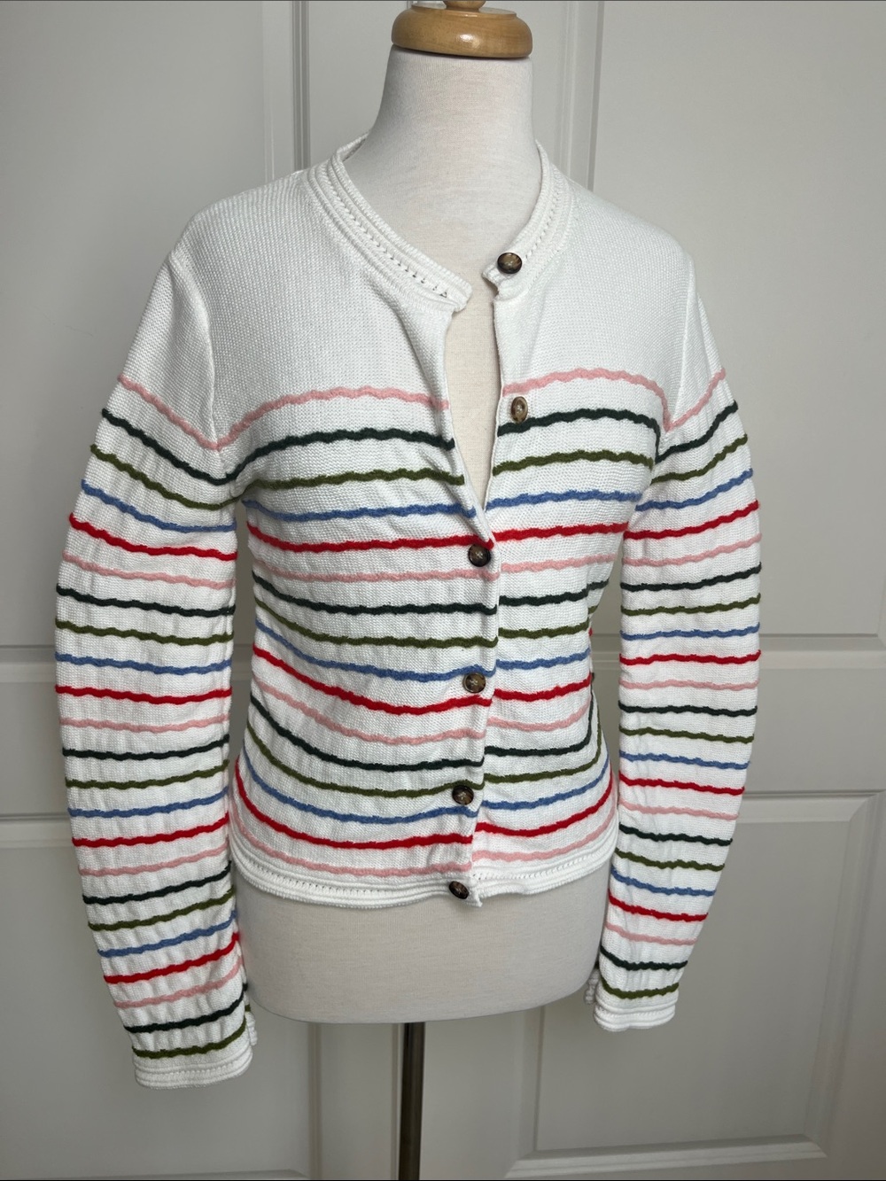 La Ligne White Crewneck Button-Front Cardigan with Multicolor Stripes Size Small